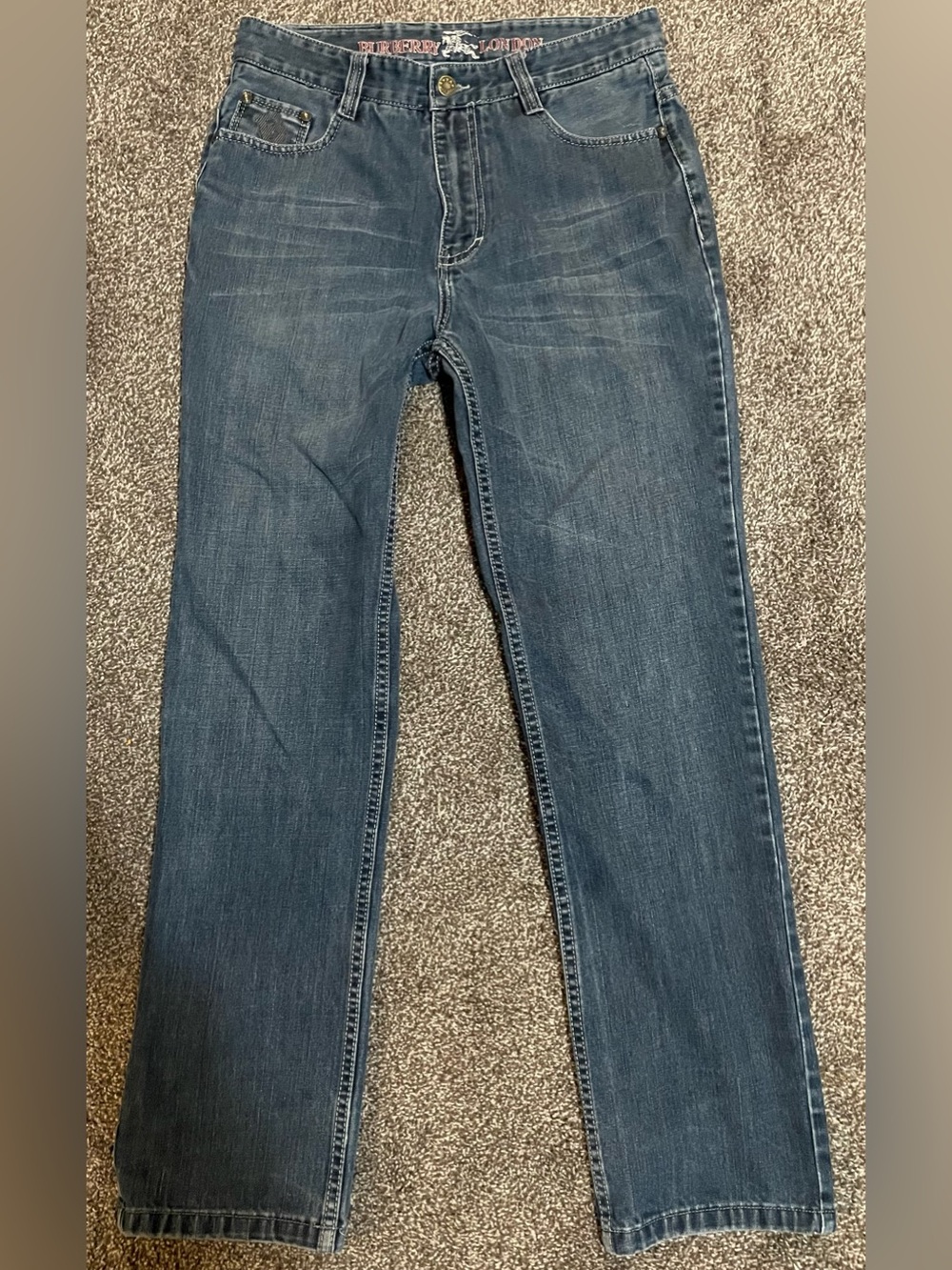 Burberry (London) Men's Straight Jeans in Medium Blue Wash With Embroidery